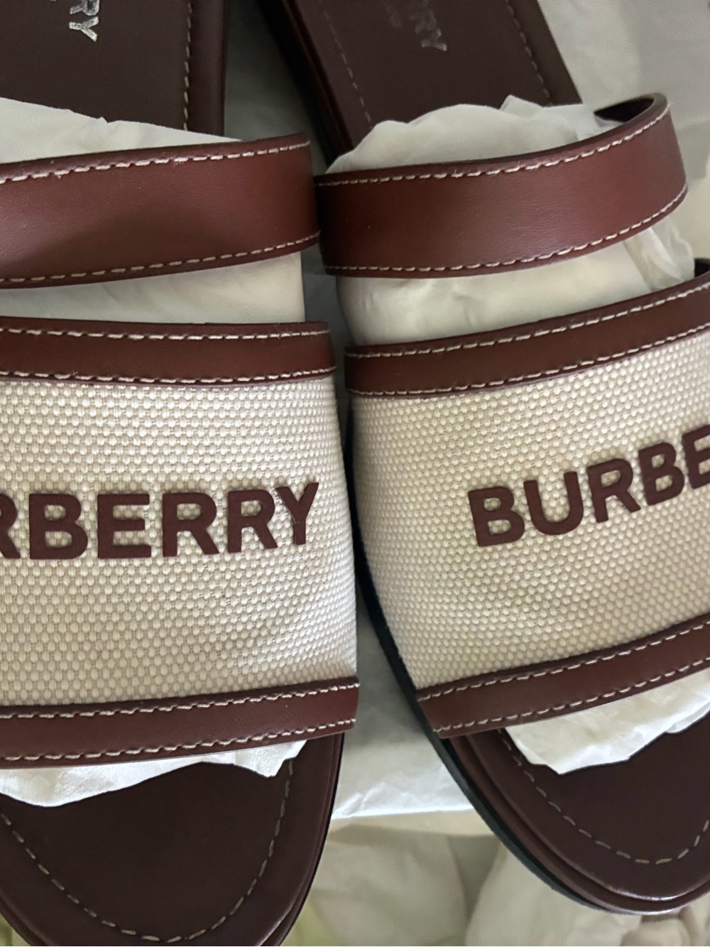 Burberry Cream Canvas Slides with Brown Leather Trim - Picture 2 of 6